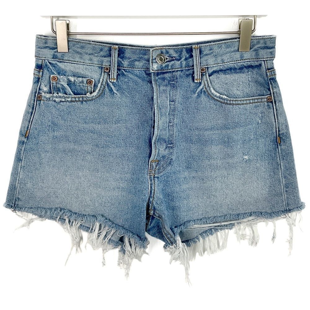 Grlfrnd Blue On Fleek Helena Distressed Button Fly Denim Shorts 26